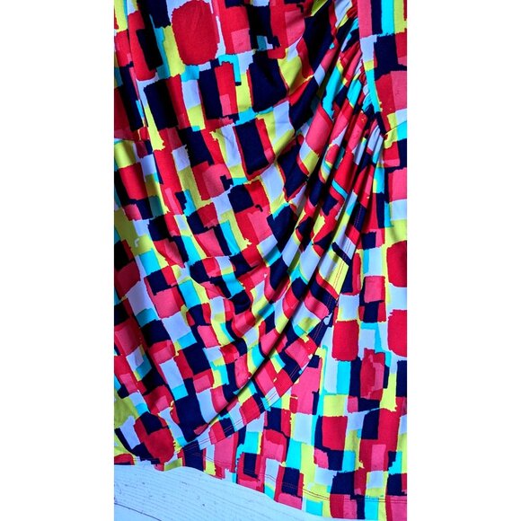 Cato Woman Dress Red Black Yellow Faux Wrap Knee Length Ruched Knit Stretch 16W - Picture 6 of 11